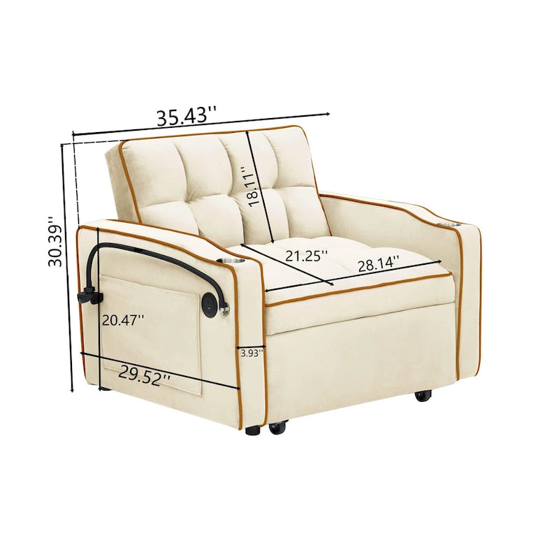 Foldable Sofa Bed with Adjustable Back, USB Port, Ashtray & Swivel Phone Stand