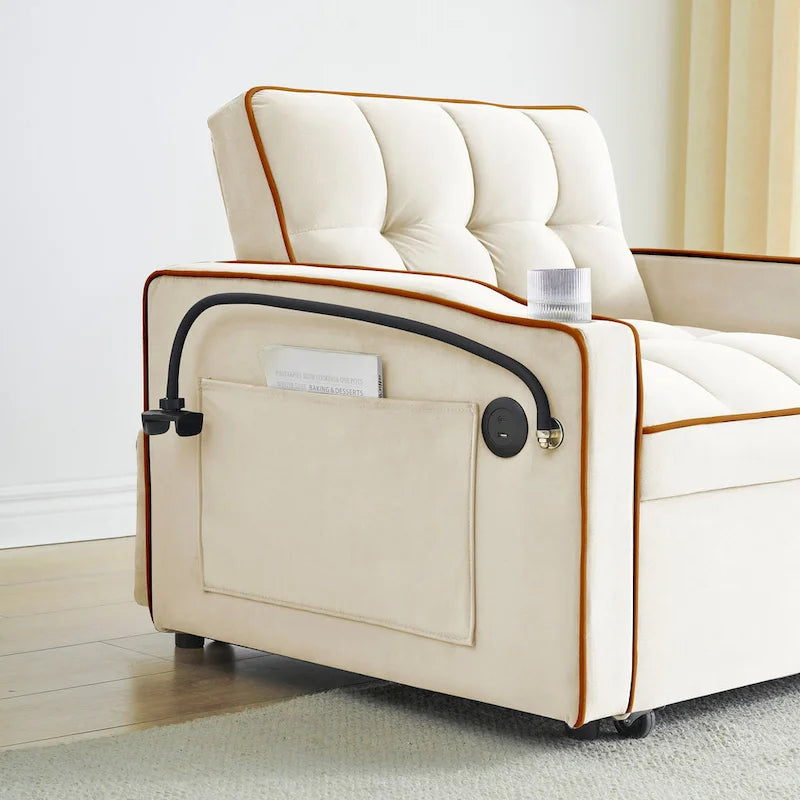 Foldable Sofa Bed with Adjustable Back, USB Port, Ashtray & Swivel Phone Stand