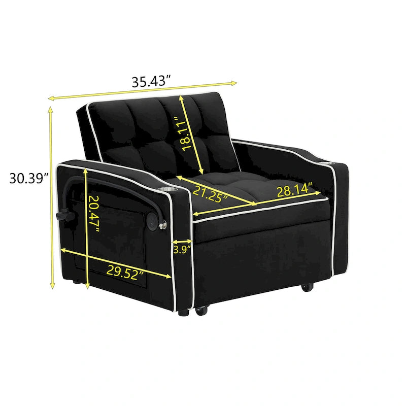Foldable Sofa Bed with Adjustable Back, USB Port, Ashtray & Swivel Phone Stand