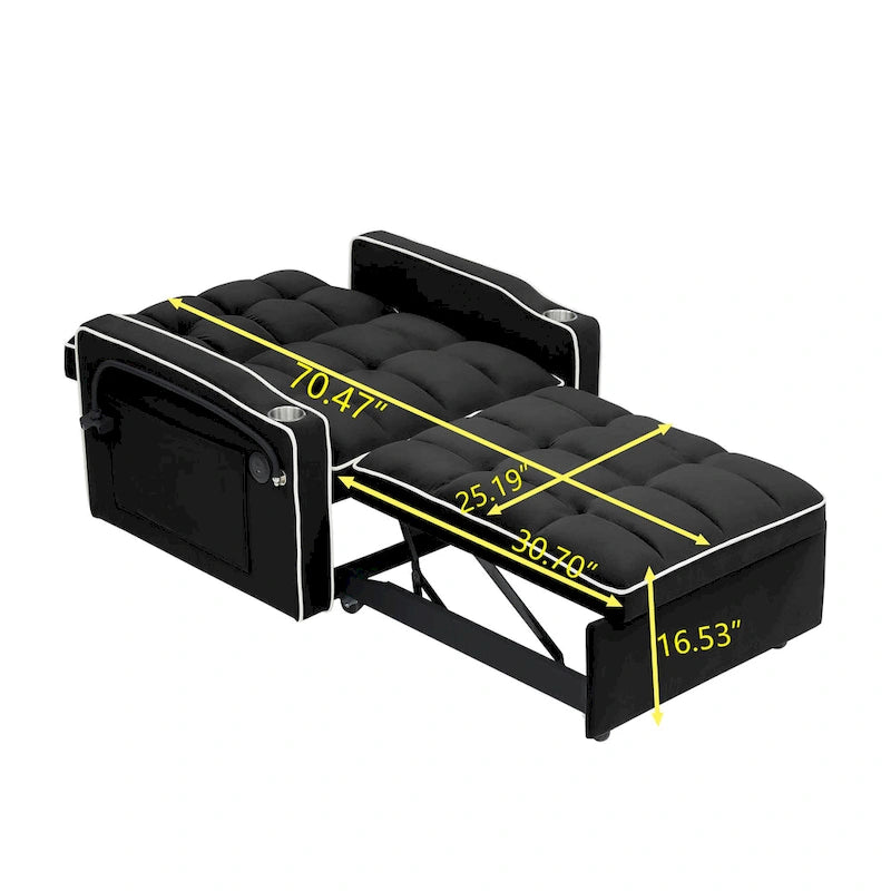 Foldable Sofa Bed with Adjustable Back, USB Port, Ashtray & Swivel Phone Stand