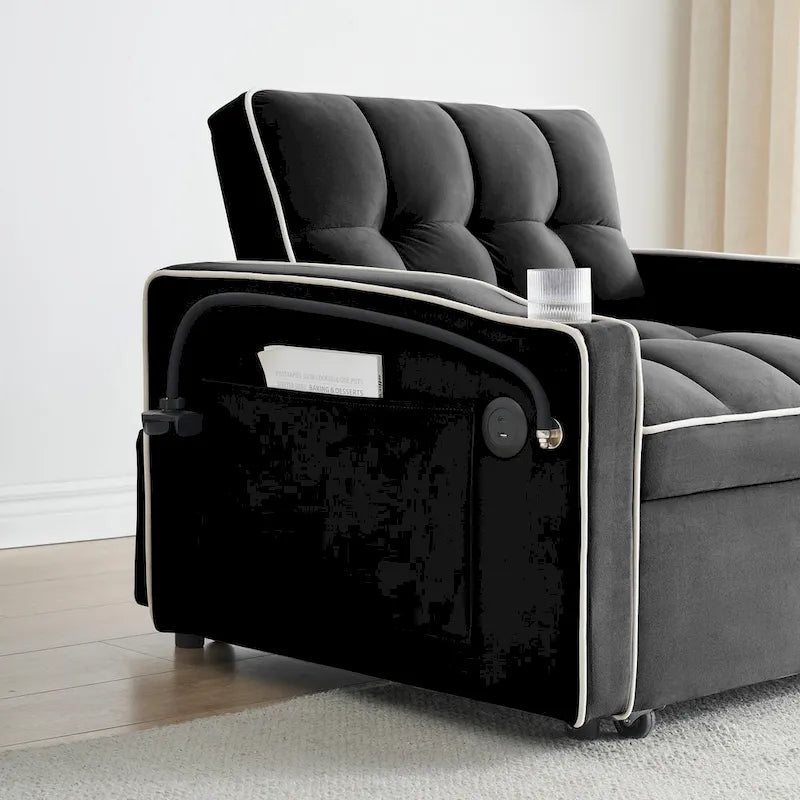 Foldable Sofa Bed with Adjustable Back, USB Port, Ashtray & Swivel Phone Stand