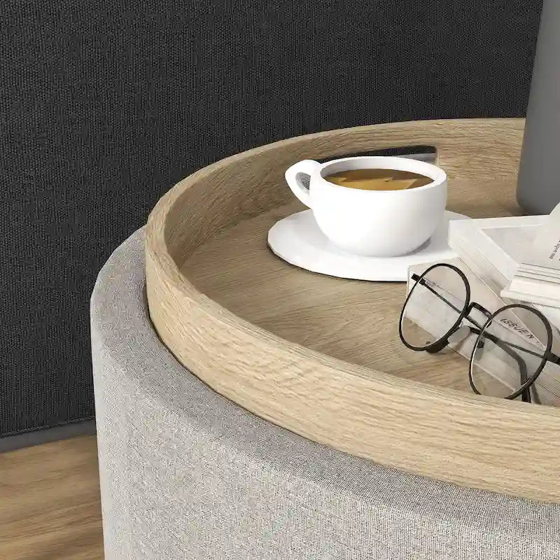 Round Storage Ottoman Coffee Table with Flip Top Tray, Gray