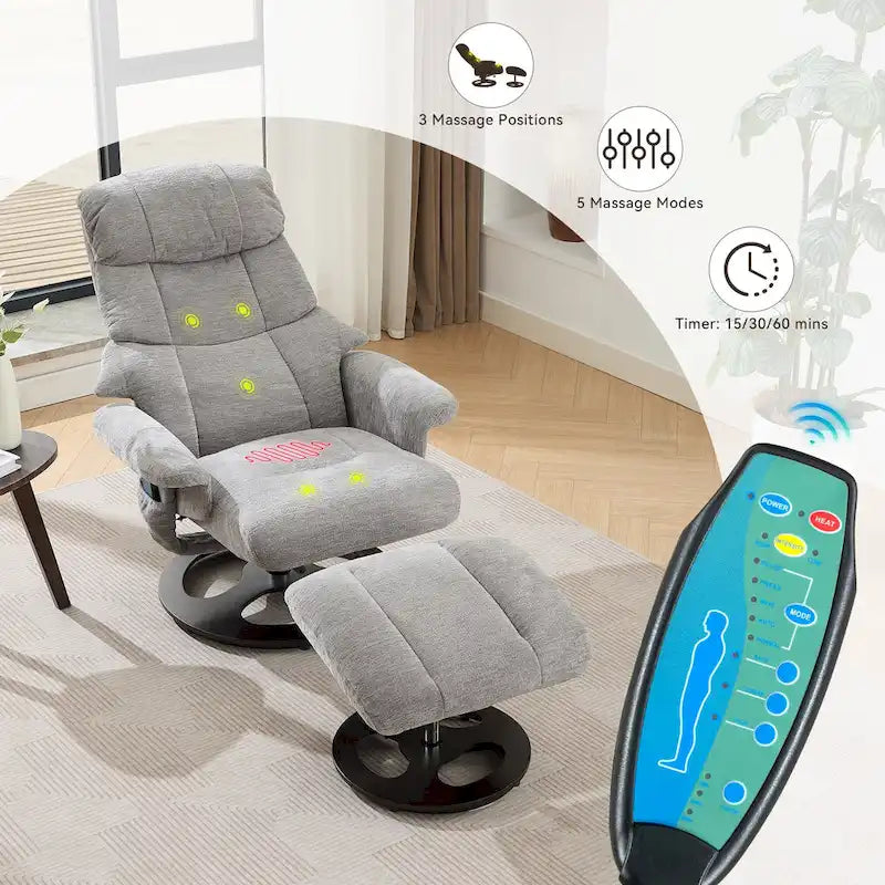 Heated Massage Swivel Recliner Chair with Ottoman, Adjustable Backrest and Remote