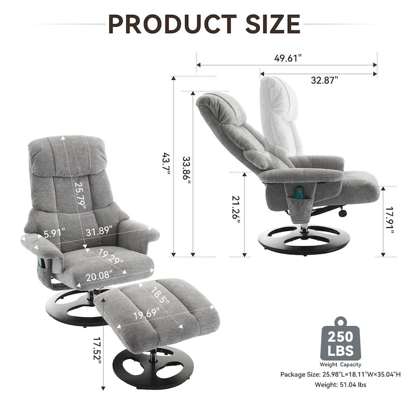 Heated Massage Swivel Recliner Chair with Ottoman, Adjustable Backrest and Remote