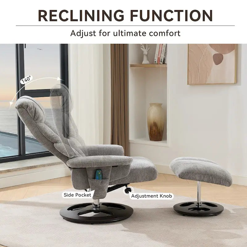 Heated Massage Swivel Recliner Chair with Ottoman, Adjustable Backrest and Remote