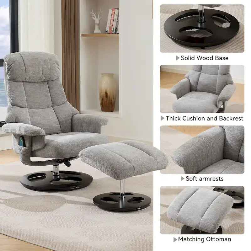 Heated Massage Swivel Recliner Chair with Ottoman, Adjustable Backrest and Remote
