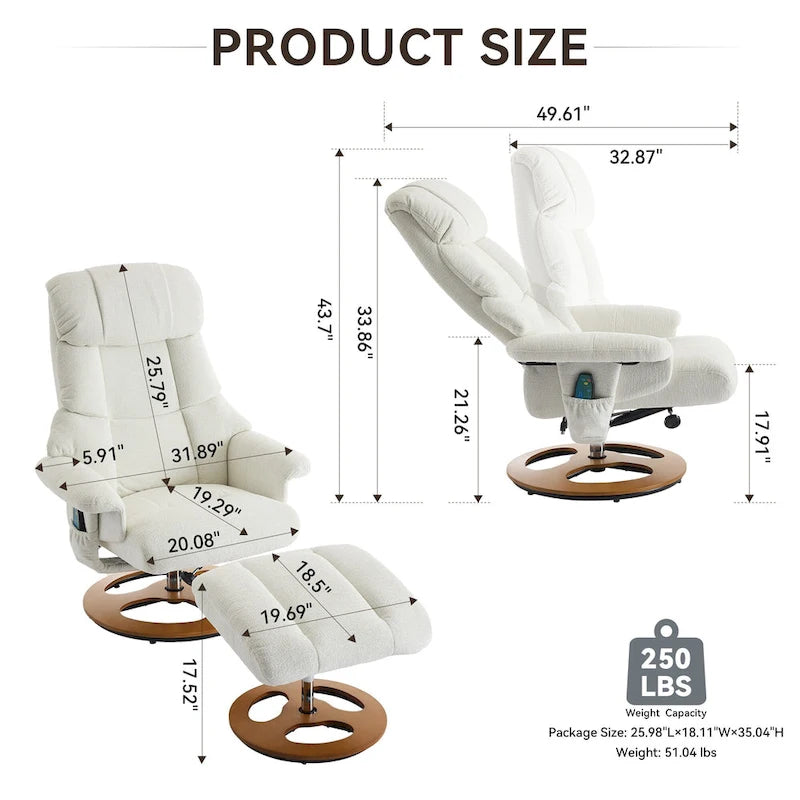 Heated Massage Swivel Recliner Chair with Ottoman, Adjustable Backrest and Remote