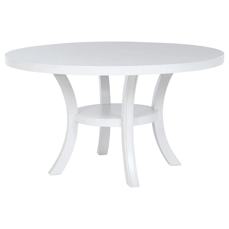 Round Dining Table with Shelf and Flared Legs, White Wood 54 Inch