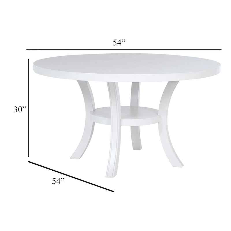 Round Dining Table with Shelf and Flared Legs, White Wood 54 Inch