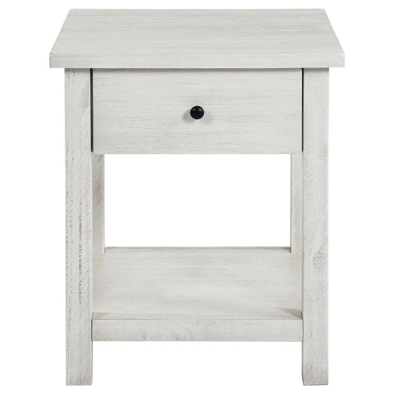 Side End Table, 1 Drawer, Distressed White Wood, Square 20 Inch