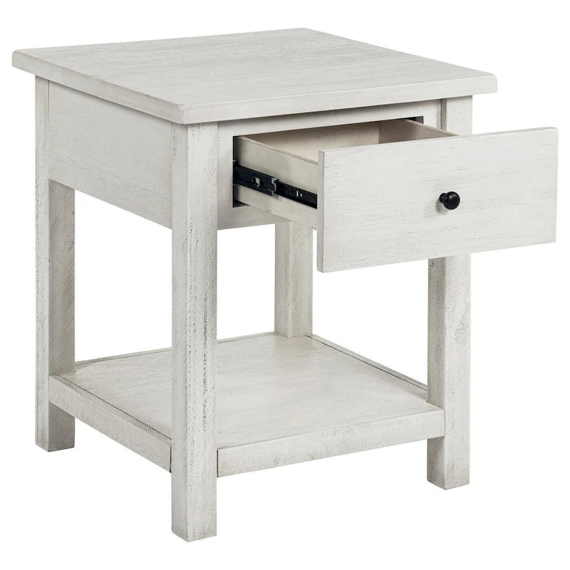 Side End Table, 1 Drawer, Distressed White Wood, Square 20 Inch