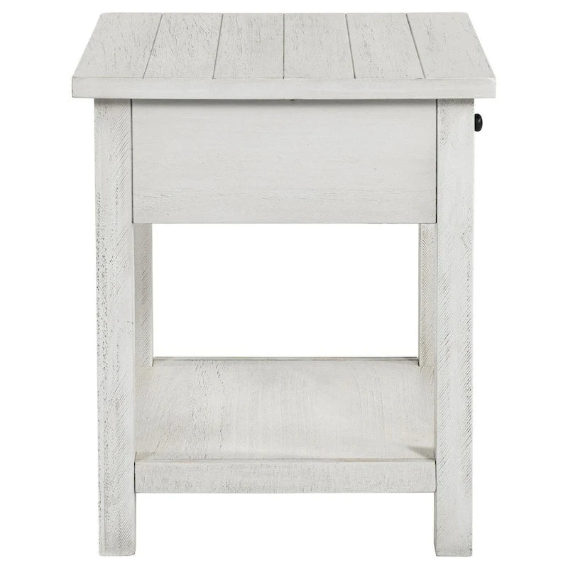 Side End Table, 1 Drawer, Distressed White Wood, Square 20 Inch