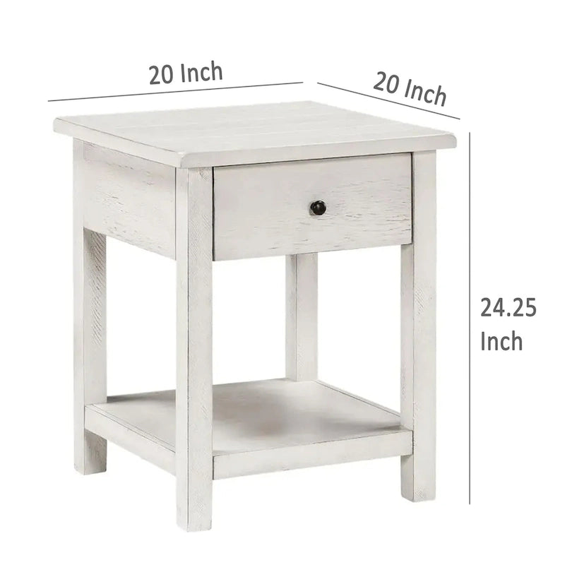 Side End Table, 1 Drawer, Distressed White Wood, Square 20 Inch
