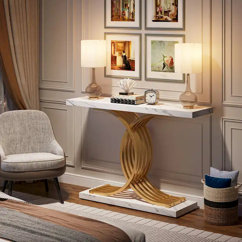 40 Modern Console Table, Faux Marble Entryway Hallway Table for Foyer