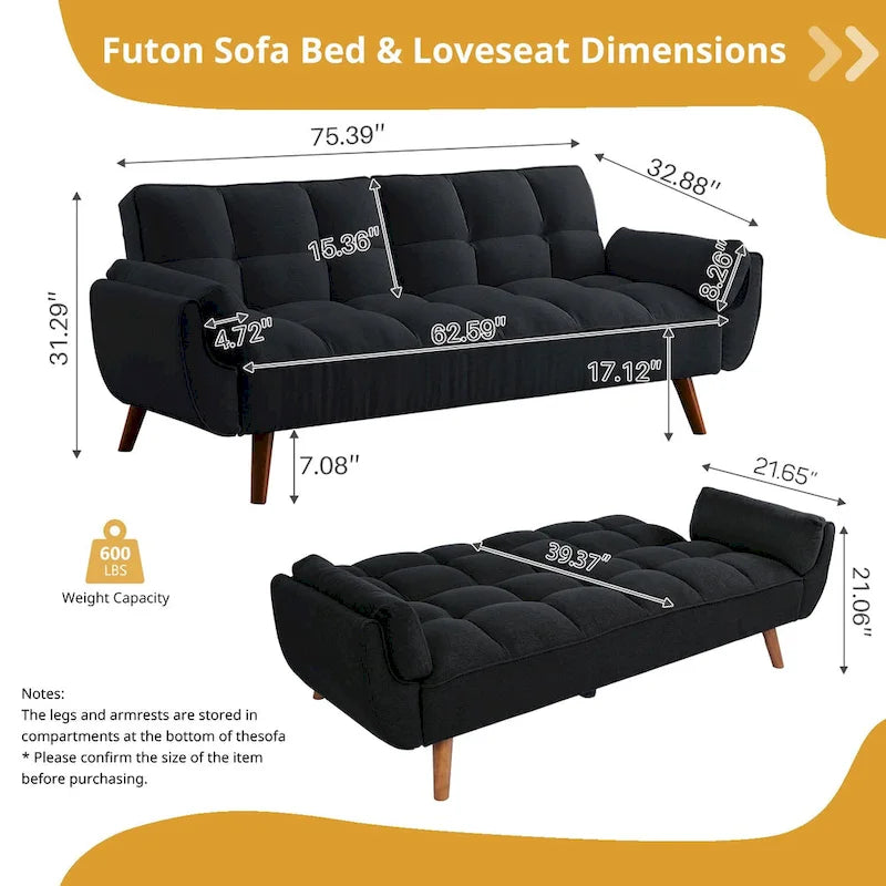 75.39 IN. Futon Sofa Bed, Convertible Upholstered Couch Sleeper with Reclining Split Tufted Back