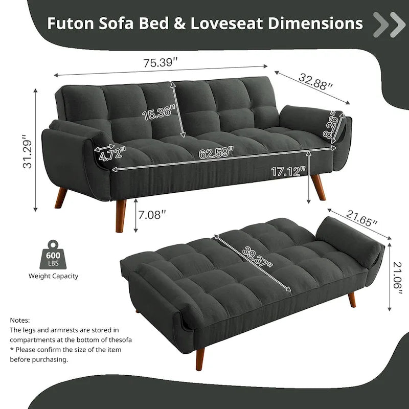75.39 IN. Futon Sofa Bed, Convertible Upholstered Couch Sleeper with Reclining Split Tufted Back