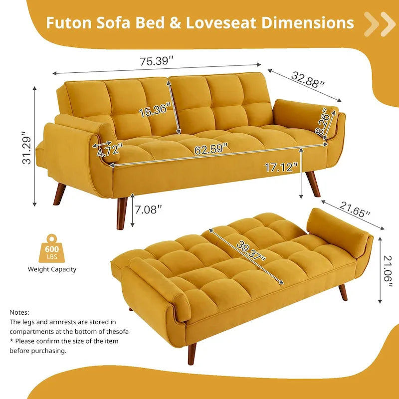 75.39 IN. Futon Sofa Bed, Convertible Upholstered Couch Sleeper with Reclining Split Tufted Back