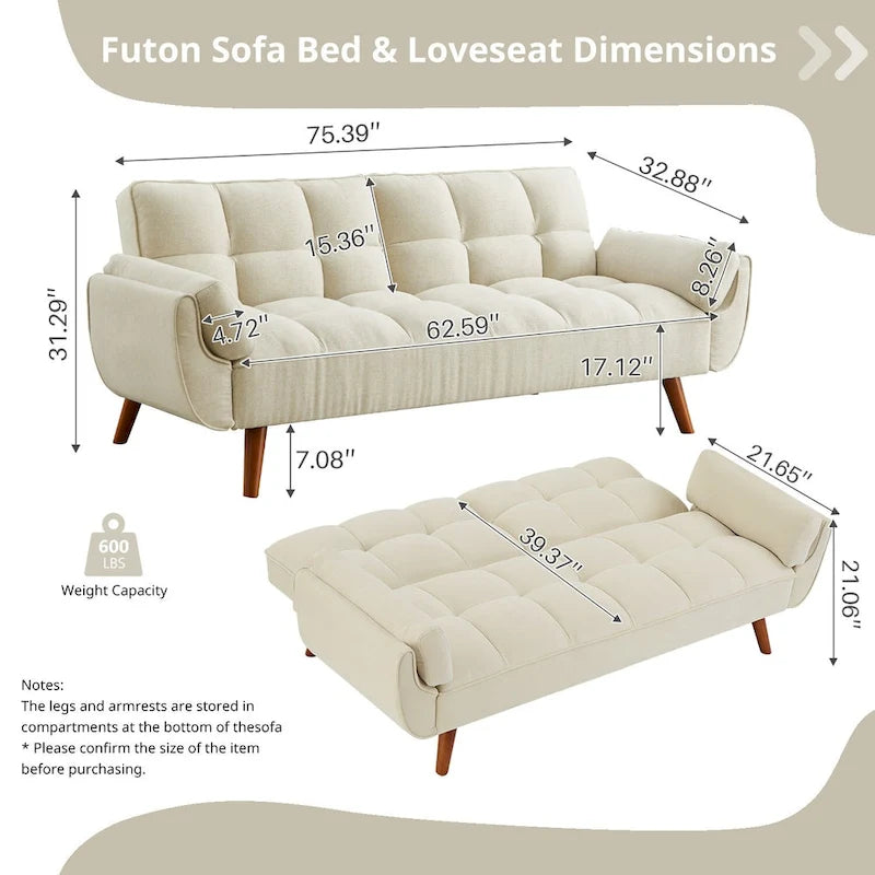75.39 IN. Futon Sofa Bed, Convertible Upholstered Couch Sleeper with Reclining Split Tufted Back