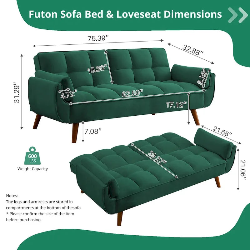 75.39 IN. Futon Sofa Bed, Convertible Upholstered Couch Sleeper with Reclining Split Tufted Back