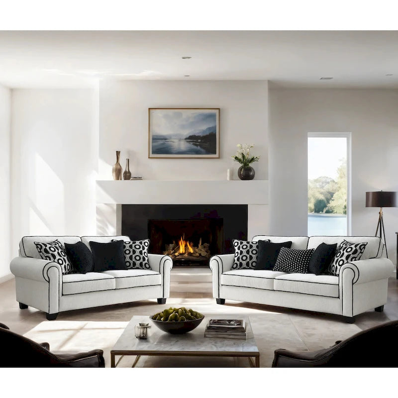 White Chenille Sofa with Accent Pillows