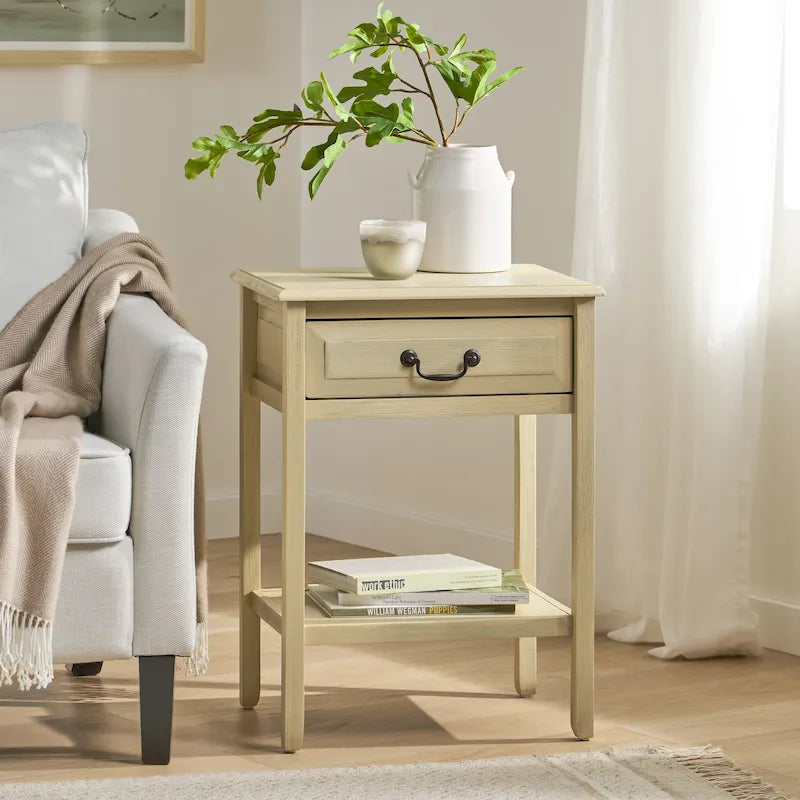 Acacia Wood Accent Table with Drawer and Bottom Shelf