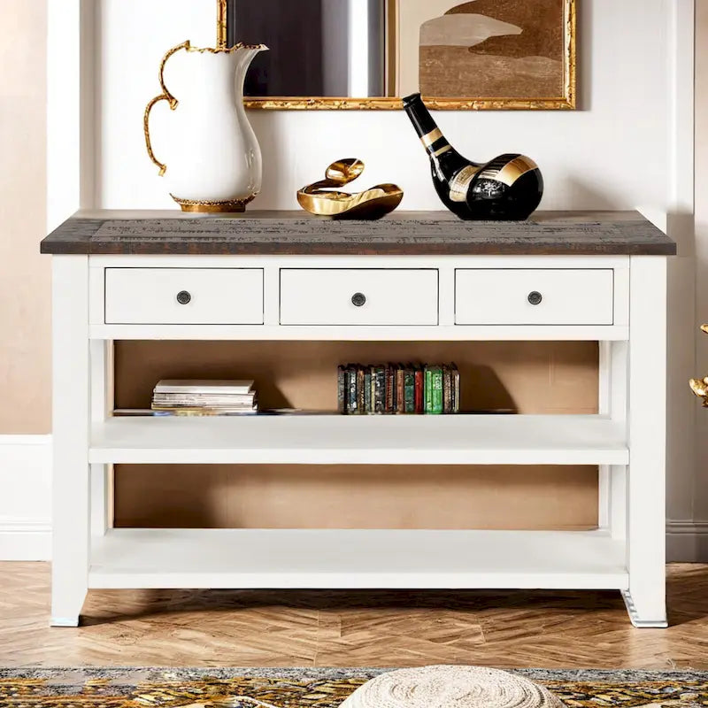 48 Solid Pine Wood Top Console Table, Modern Entryway Sofa Side Table with 3 Storage Drawers and 2 Shelves. Easy to Assemble