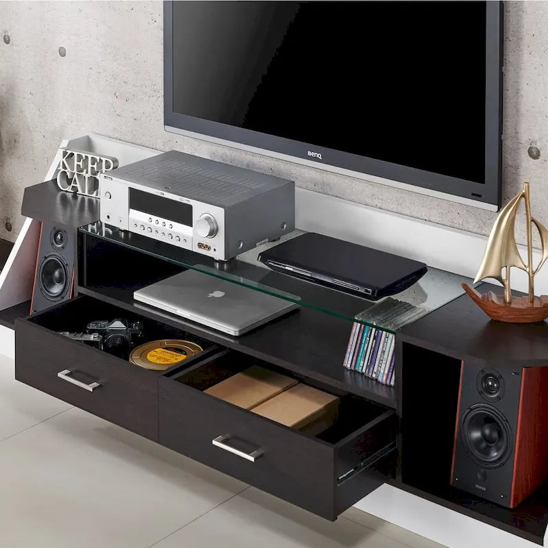 Contemporary White 70-Inch Glass TV Console with Multi-functional Storage