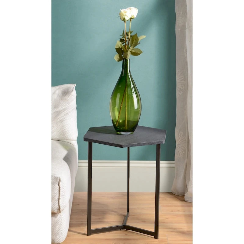 Dark Wood Finish Top Hexagon Side Table with Metal Base