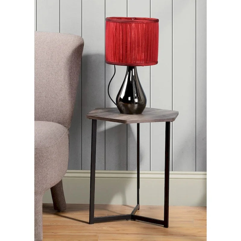 Dark Wood Finish Top Hexagon Side Table with Metal Base