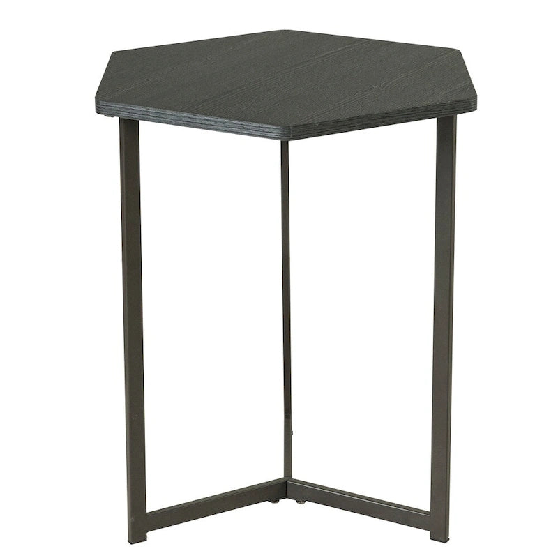 Dark Wood Finish Top Hexagon Side Table with Metal Base