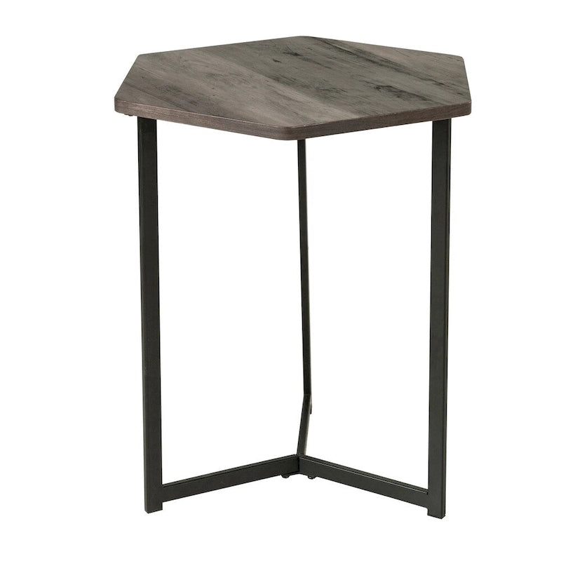 Dark Wood Finish Top Hexagon Side Table with Metal Base