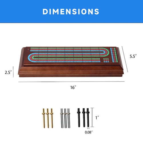 3-Track Wooden Cribbage Board Box with 2 Deck Playing Cards, 9 Metal Pegs and Drawer