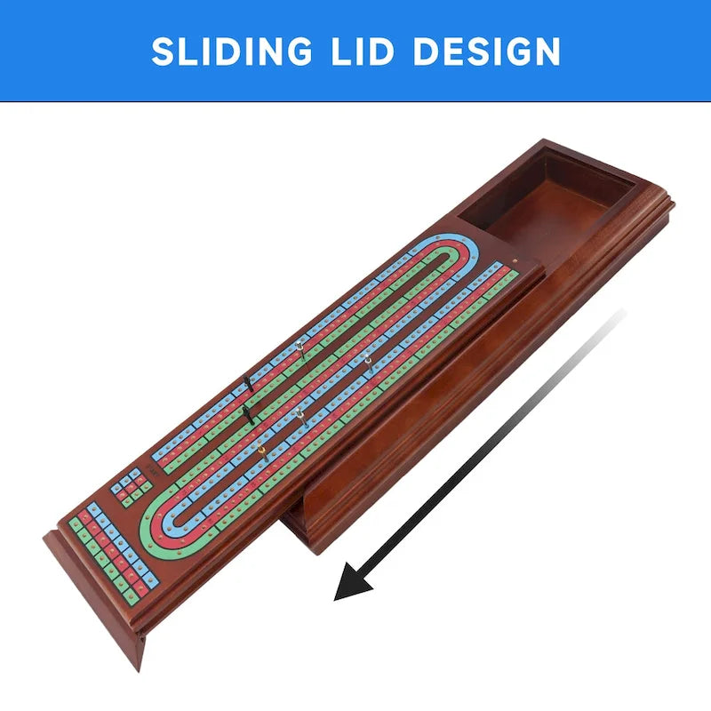 3-Track Wooden Cribbage Board Box with 2 Deck Playing Cards, 9 Metal Pegs and Drawer