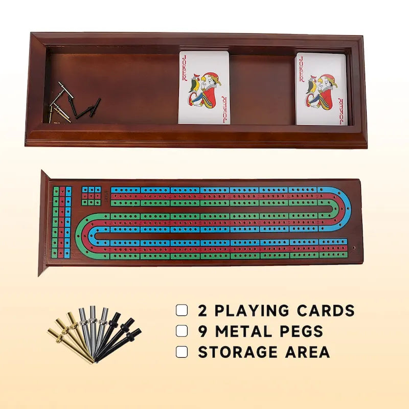 3-Track Wooden Cribbage Board Box with 2 Deck Playing Cards, 9 Metal Pegs and Drawer