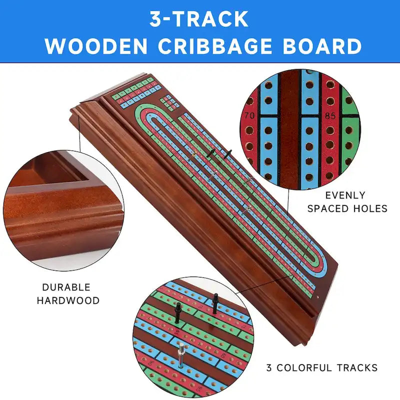 3-Track Wooden Cribbage Board Box with 2 Deck Playing Cards, 9 Metal Pegs and Drawer