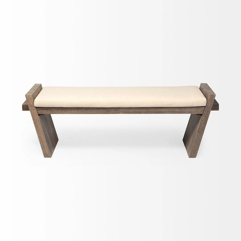 Cream Fabric Seat w/ Brown Wood Entryway Bench - 58W x 15D x 20H