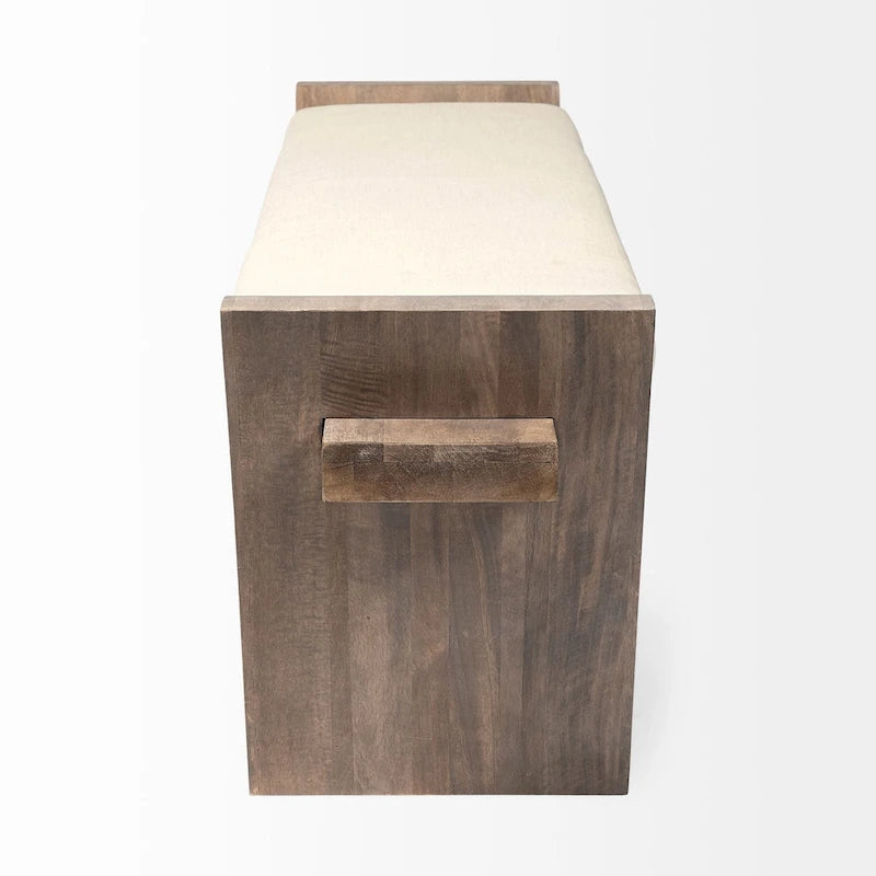 Cream Fabric Seat w/ Brown Wood Entryway Bench - 58W x 15D x 20H