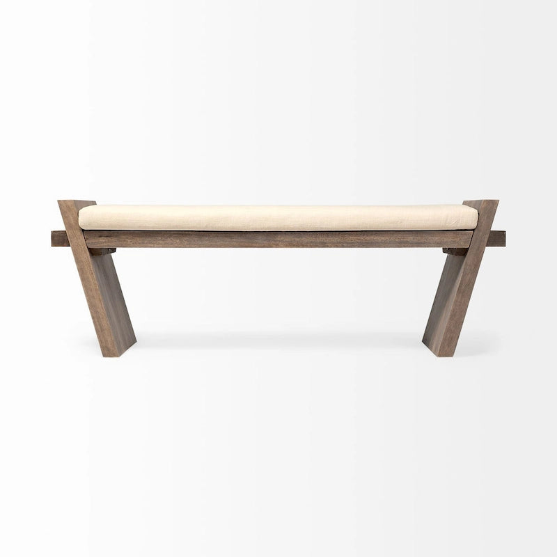 Cream Fabric Seat w/ Brown Wood Entryway Bench - 58W x 15D x 20H