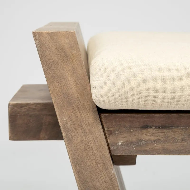 Cream Fabric Seat w/ Brown Wood Entryway Bench - 58W x 15D x 20H
