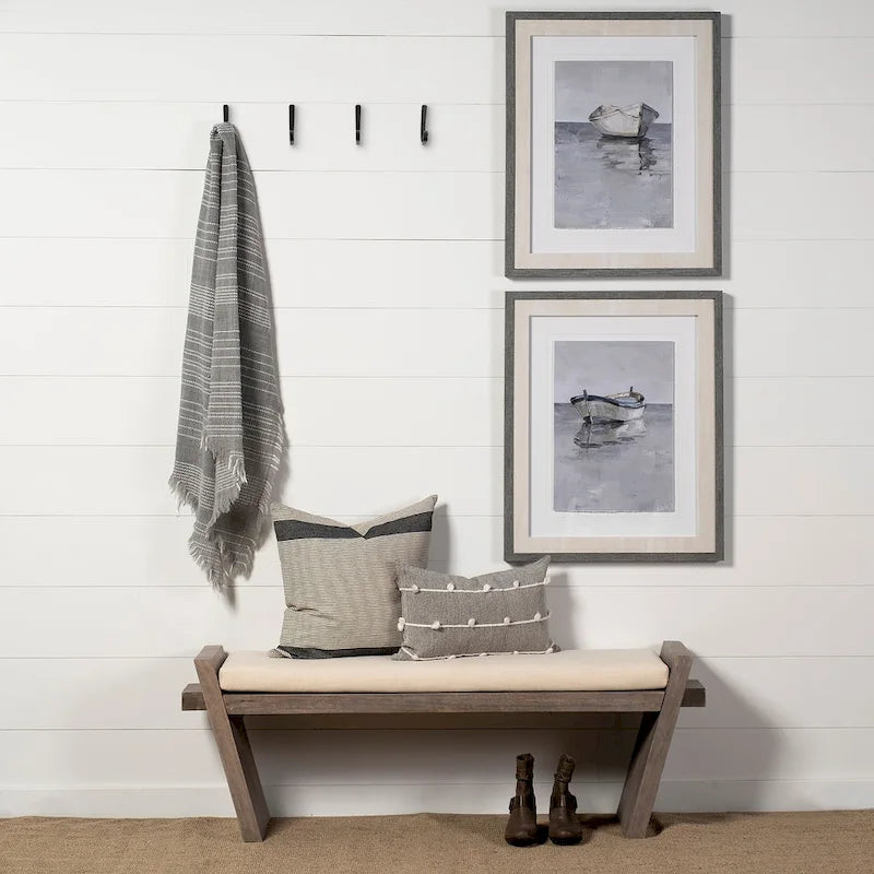 Cream Fabric Seat w/ Brown Wood Entryway Bench - 58W x 15D x 20H