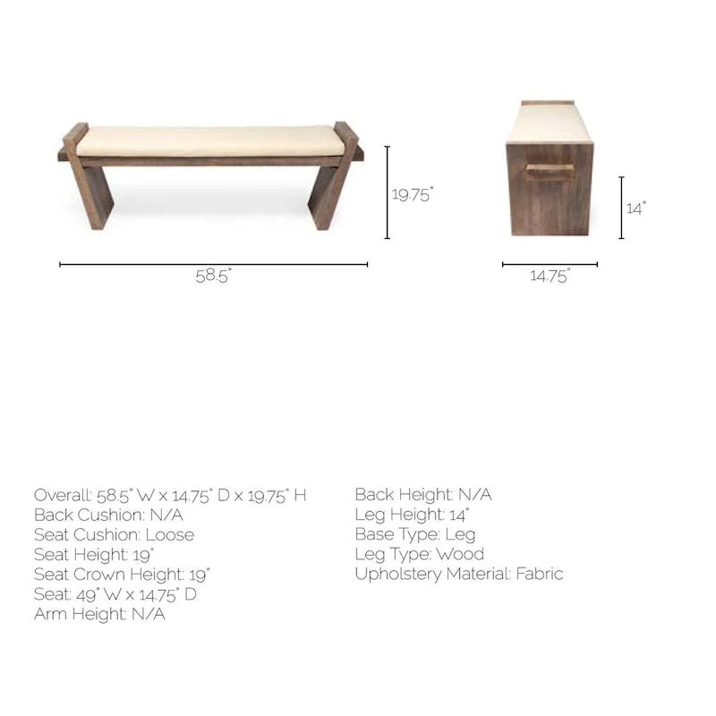 Cream Fabric Seat w/ Brown Wood Entryway Bench - 58W x 15D x 20H