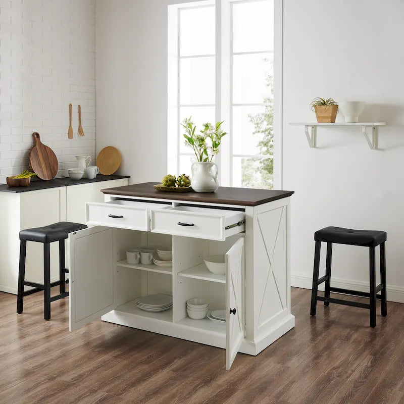 Kitchen Island with Upholstered Saddle Stools - 43D x 47.75W x 36.25H