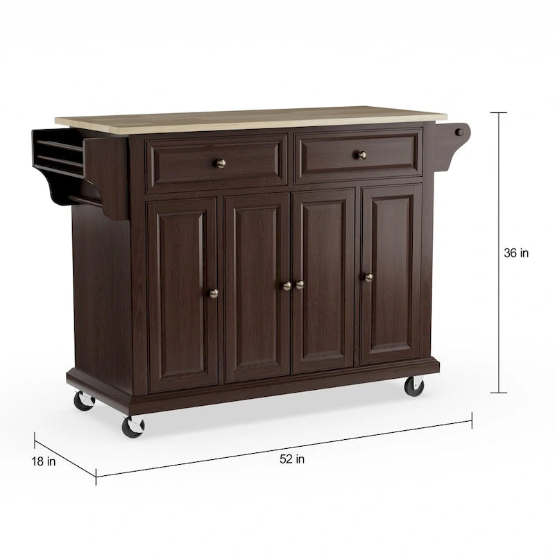 Full Size Mahogany Wood Kitchen Cart / Island - 18d x 51.5w x 36h