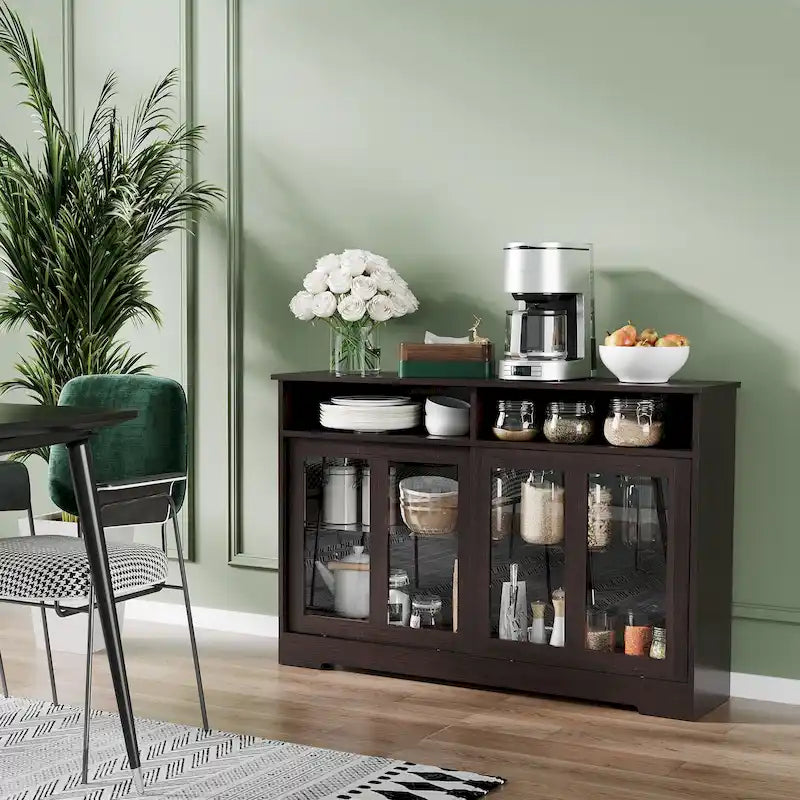 Modern Kitchen Storage Sideboard Buffet Cabinet with Sliding Glass Doors and Adjustable Shelf, Dark Brown
