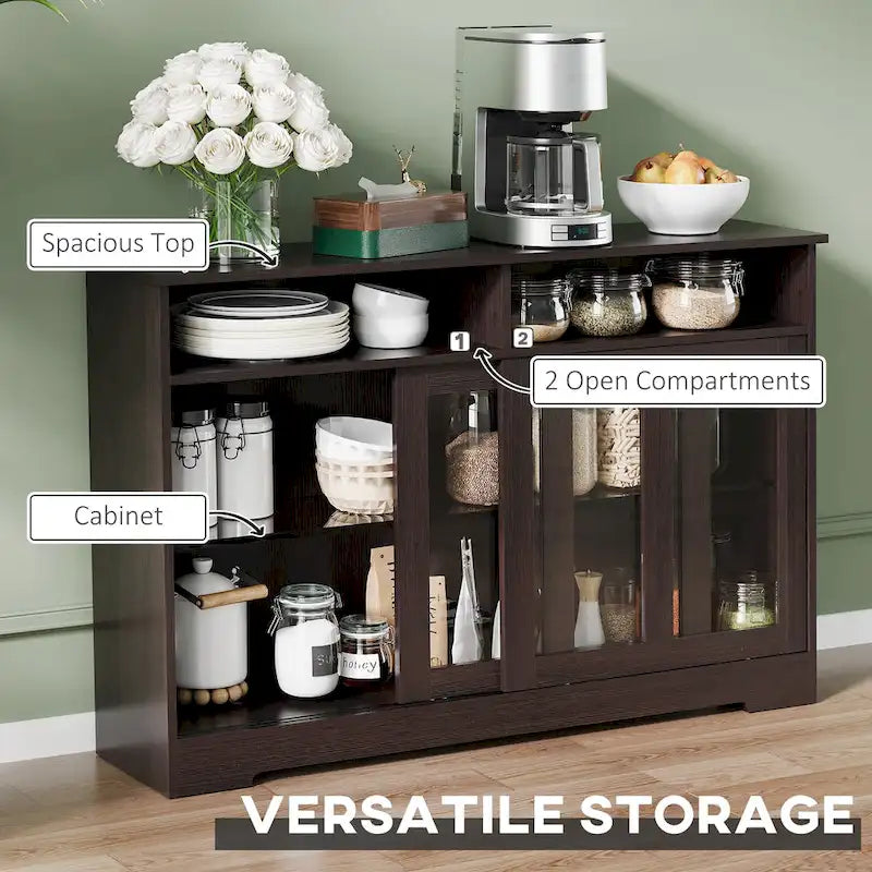 Modern Kitchen Storage Sideboard Buffet Cabinet with Sliding Glass Doors and Adjustable Shelf, Dark Brown