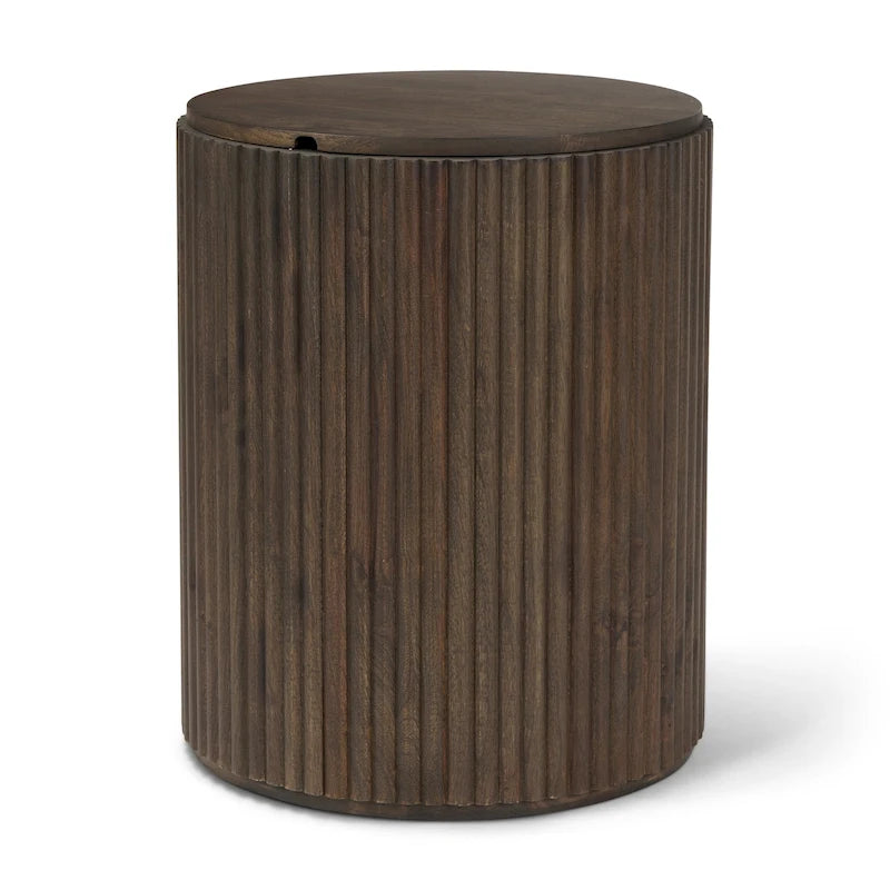 Dark Brown Solid Wood Fluted Round Side Table