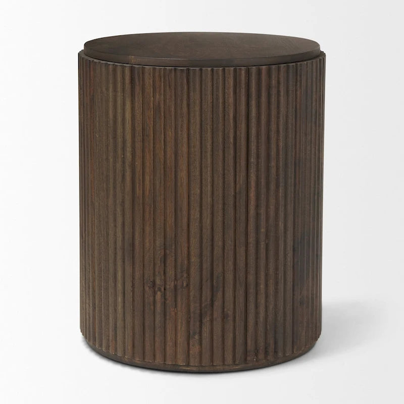 Dark Brown Solid Wood Fluted Round Side Table
