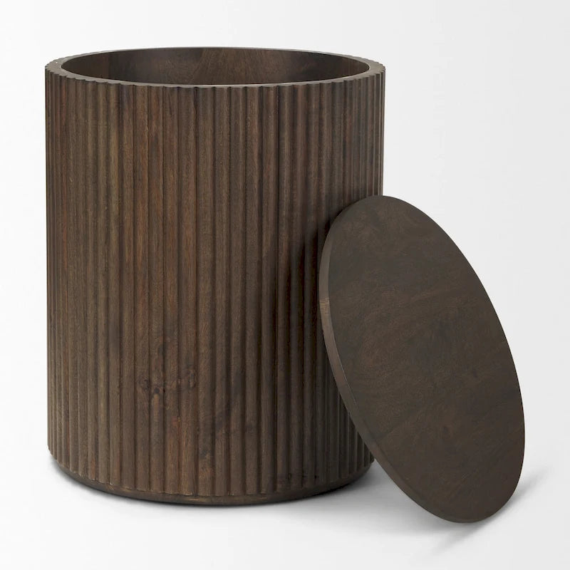 Dark Brown Solid Wood Fluted Round Side Table