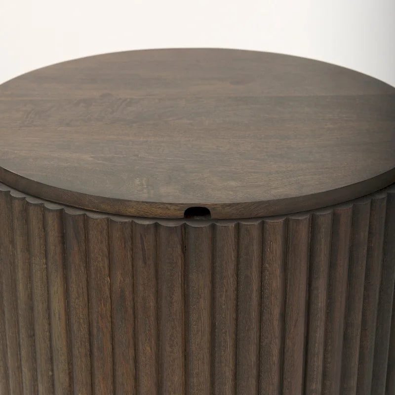 Dark Brown Solid Wood Fluted Round Side Table