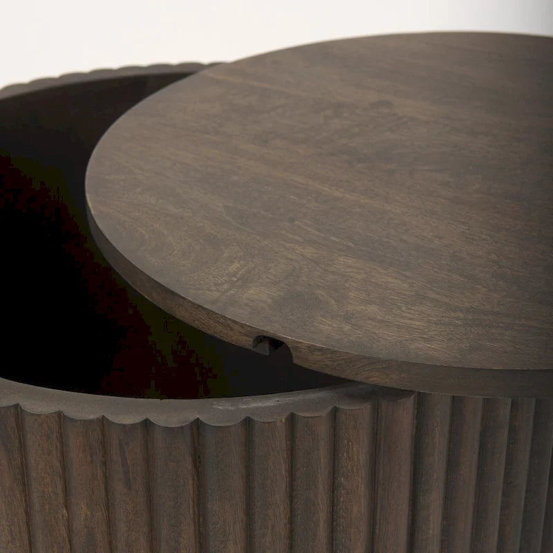 Dark Brown Solid Wood Fluted Round Side Table